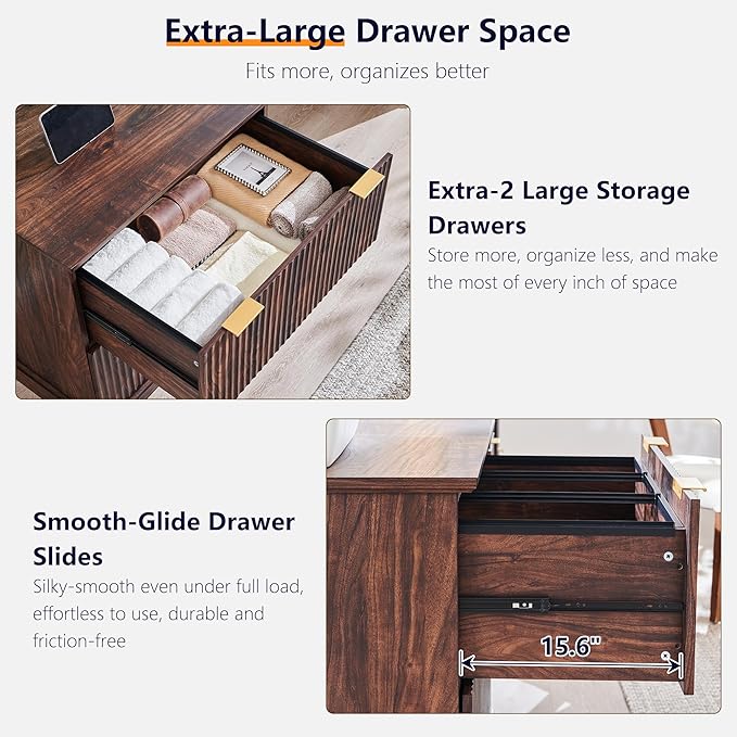 JXQTLINGMU 2 Drawer File Cabinet with Charging Station, 30" Fluted Lateral File Cabinet w/Files Hanging Rod for Letter/Legal/A4, Large Tabletop for Printer, Office Wood Printer Cabinets, Dark Walnut