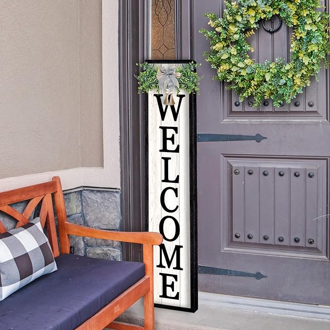 LuZhiQiang Front Porch for Welcome Standing Sign 45"X9" Vertical Tall Long Leaner Outdoor Front Door Wood Framed Decor (Black)