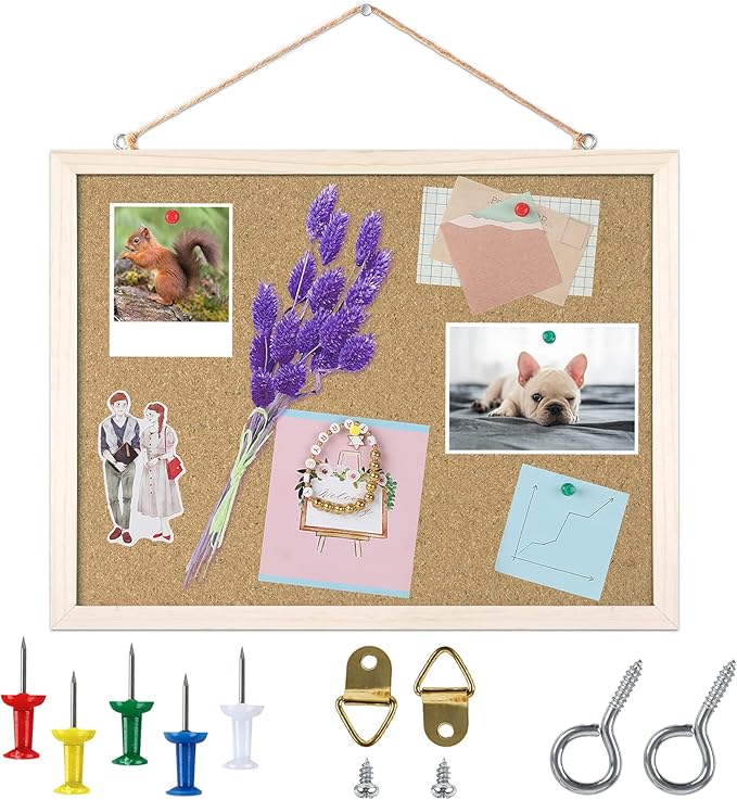 Cork Board Bulletin Board - 15.7 X 12 Inches Vision Board Wood Frame Corkboard Message Board Wall Mounted Pin Board for School, Home & Office (with Pins, Eye Bolts, Gaskets, Screws)