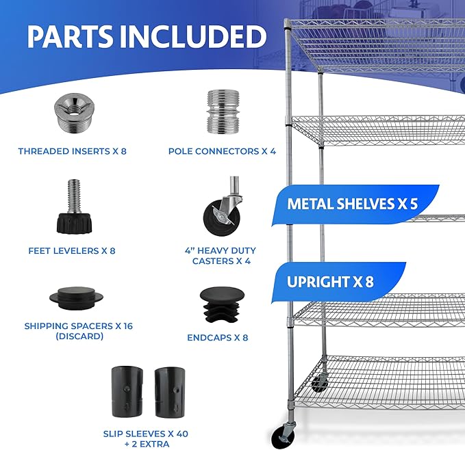 CRESCENT 48" W Storage Shelves 4000LBS Metal Shelving 5 Tier Wire Shelving Unit Garage Shelving Heavy Duty Metal Shelves for Storage Rack Commercial Adjustable Pantry Shelf, 48" W X 24'' D X 76" H