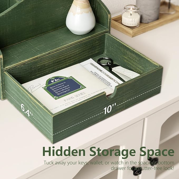 Pine Wood Mail Organizer for Desk - Rustic Style Mail Sorter Countertop Organizer for Files, Letters & Small Items - Farmhouse Letter Holder with Drawer for Office Desk & Home Decor (Green)