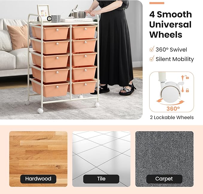 GLACER 10 Drawer Rolling Cart, Storage Cart with Lockable Whieels & Metal Frame, Trolley for Art Craft Oganizer, Mobile Utility Cart for Office, School, Classroom, Kitchen (Peach Fuzz)