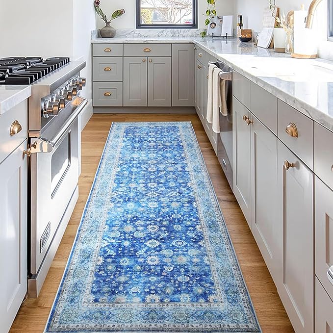 Rugcomf Runner Rug 2'6''x8' Hallway Washable Boho Soft Area Rug Non-Slip Faux Wool Vintage Rug for Kitchen, Entryway, Laundry, Bedroom, Indoor (Blue)