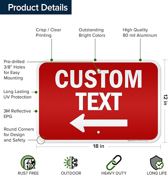 Custom Arrow,Custom Directional Sign, Left Arrow,12x18 Inches, 3M EGP Reflective, Rust Free .063 Aluminum, Fade Resistant, Made in USA by My Sign Center
