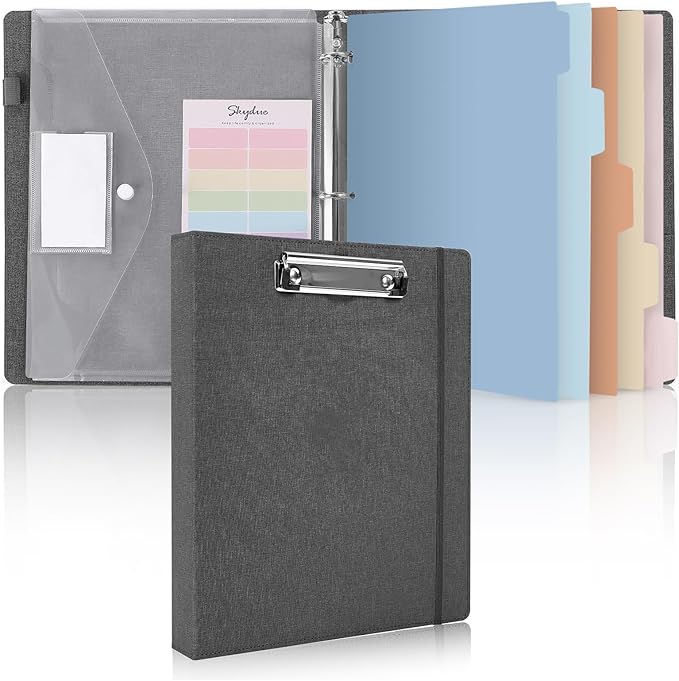 SKYDUE Clipboard Binder with Dividers,1 Inch 3 Ring Binder with Clipboard on Front for Organizer, Clipboard Folder with Pocket, Labels Office Supplies Gray