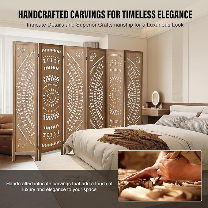 ALeesing 6 Panel Wood Room Divider Fully Assembled, Decorative Room Dividers and Folding Screens, 5.6Ft Room Divider Screen Freestanding Partition Wall Dividers for Home Bedroom Office, Brown