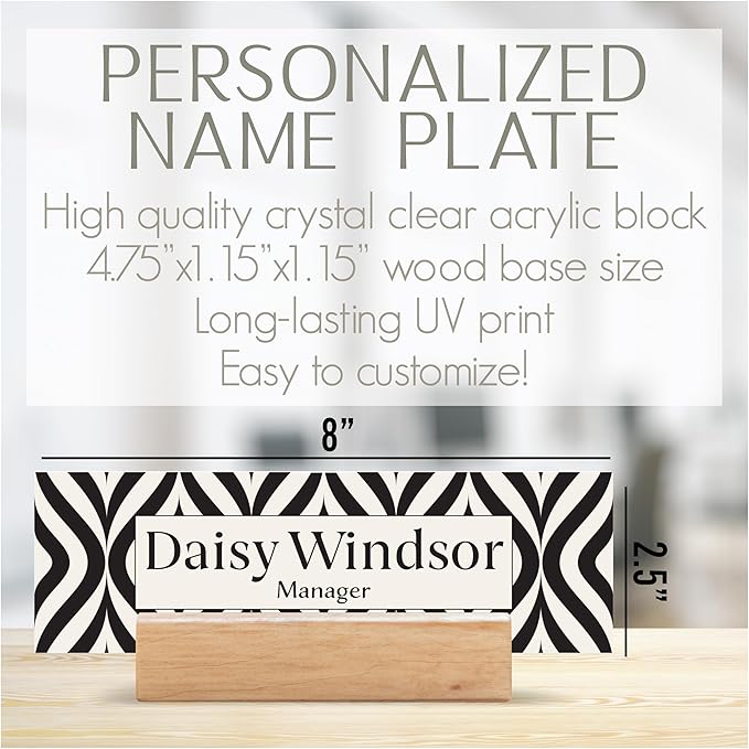 Acrylic Desk Name Plate Personalized with Wooden Base - 28 Backgrounds - Custom Name Plate for Desk, Office Decor, Teacher Appreciation Gifts