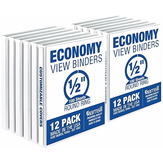 Samsill 0.5 Inch 3 Ring Binder, Made in USA, Economy Round Ring, Clear View Cover, 100 Sheet Capacity - for School, Home, Office - White, 12 Pack