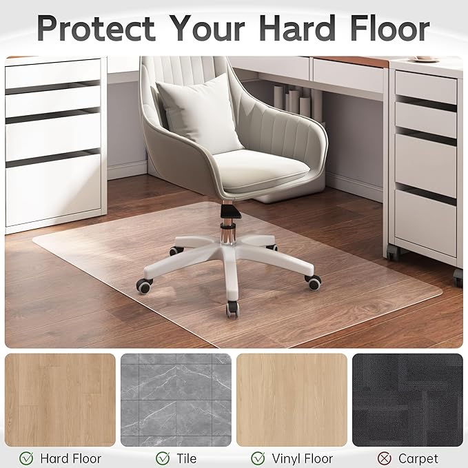HOMEK Office Chair Mat for Hardwood Floor, 48” x 40” Crystal Clear Hard Floor Chair Mat, Transparent Floor Protector Mat Flat Without Curling