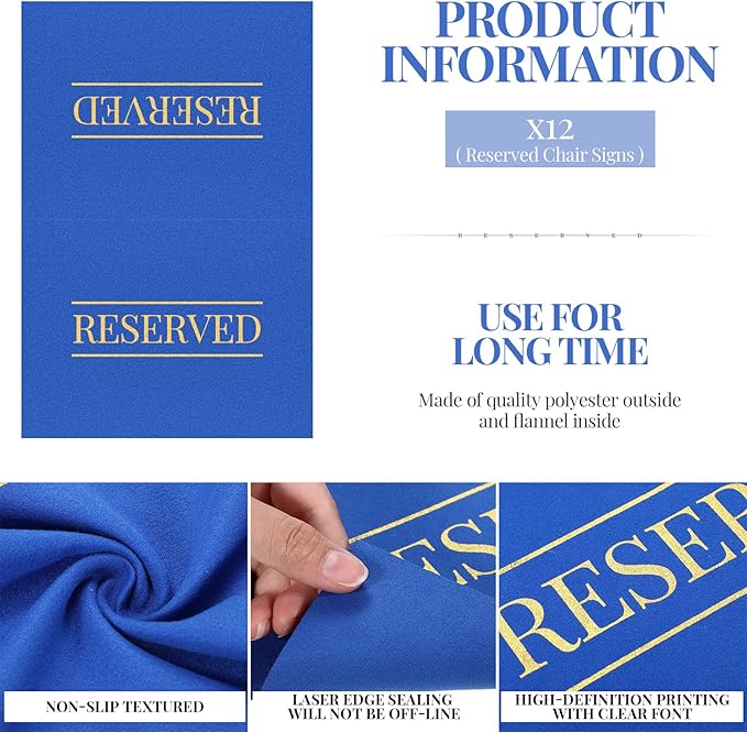 Buryeah 12 Pcs Reserved Seating Signs for Chairs Church Pew Reserved Chair Signs Placeholder with Printed Words for Weddings Parties Celebrations Receptions Church or Event (Blue)