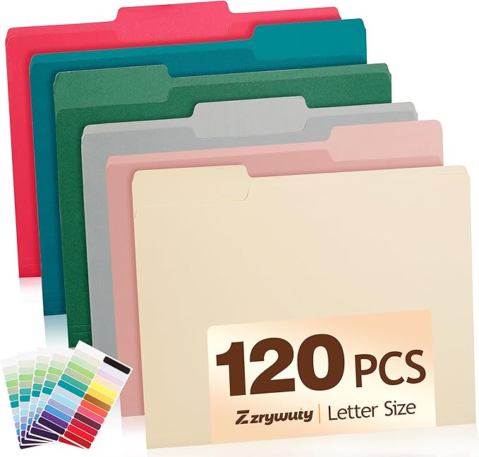Color File Folders, 1/3-Cut Tabs, Letter Size, Assorted Colors Organizer File Folders for School Home Office Business (120, Assorted Colors)