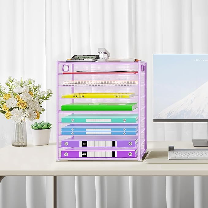 Cawukege 9 Tier Paper Organizer with Handle, Large Capacity Desk Organizer Mesh Paper Letter Tray File Folder Document Sorter for Classroom and Office Accessories Organization- Purple (2 Pack)