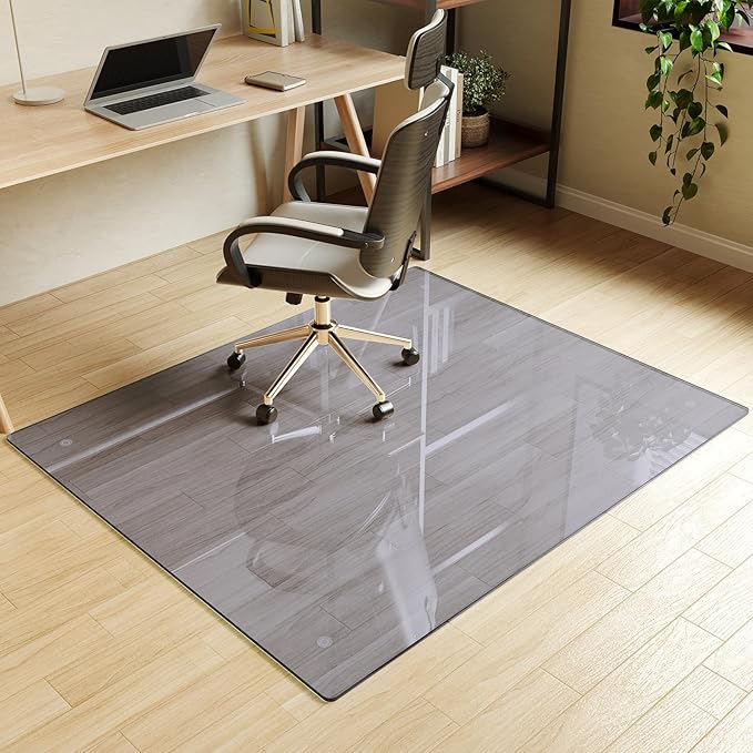 Koonmi Tempered Glass Chair Mat for Hardwood Floors & Carpets, 46" x 55“ Grey Heavy Duty Office Floor Protector, Scratch & Dust Concealing, Noise-Free for Home Office Desk