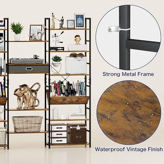 NUMENN Triple Wide 6 Tier Bookshelf, Adjustable Rustic Industrial Style Book Shelves, Modern Bookcases and Bookshelves Furniture for Bedroom, Living Room and Home Office, Vintage Brown