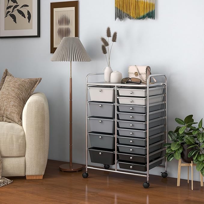 GOFLAME 15-Drawer Rolling Storage Cart, Craft Storage Cart with Removable Drawers & Lockable Wheels, Art Cart Supply Storage Organizer for Home Office Classroom, Gray Gradient