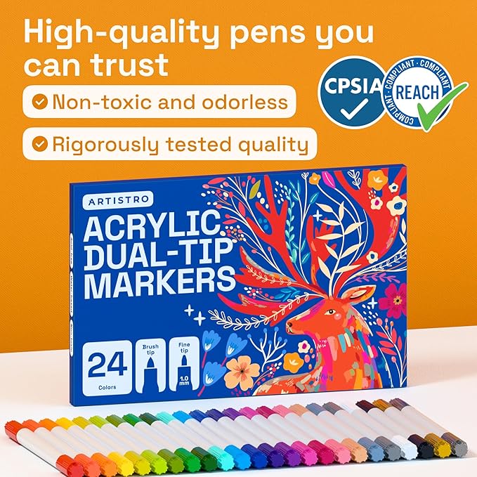 ARTISTRO 24 Acrylic Paint Markers - Paint Pens Dual Tip Brush + Fine Ideal for Calligraphy - Perfect for Fabric, Rock, Glass, Wood, DIY - Art Supplies, Stocking Stuffers, Christmas Gift Idea