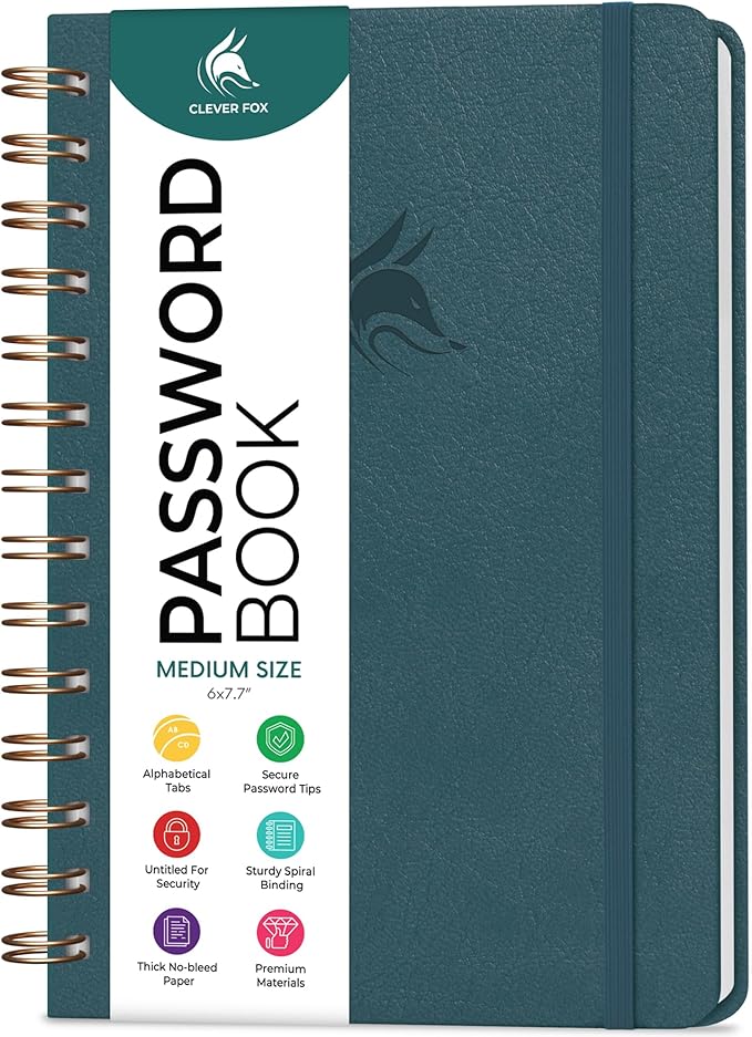 Clever Fox Password Book Spiral – Internet Address & Password Organizer with Laminated Alphabetical Tabs – Password Keeper Journal – Hardcover, Medium Size, 6.1x7.7” (Deep Sea)