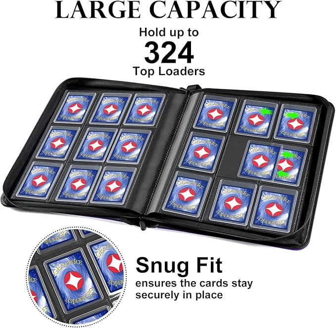 GEAoffice Waterproof Top Loader Binder Holds 324 Cards, Side Loading 9 Pocket Card Binder for Toploader, PU Leather Card Collection Album Folder Holder for 3"×4" Rigid, MTG, TCG, Sports Cards, Purple