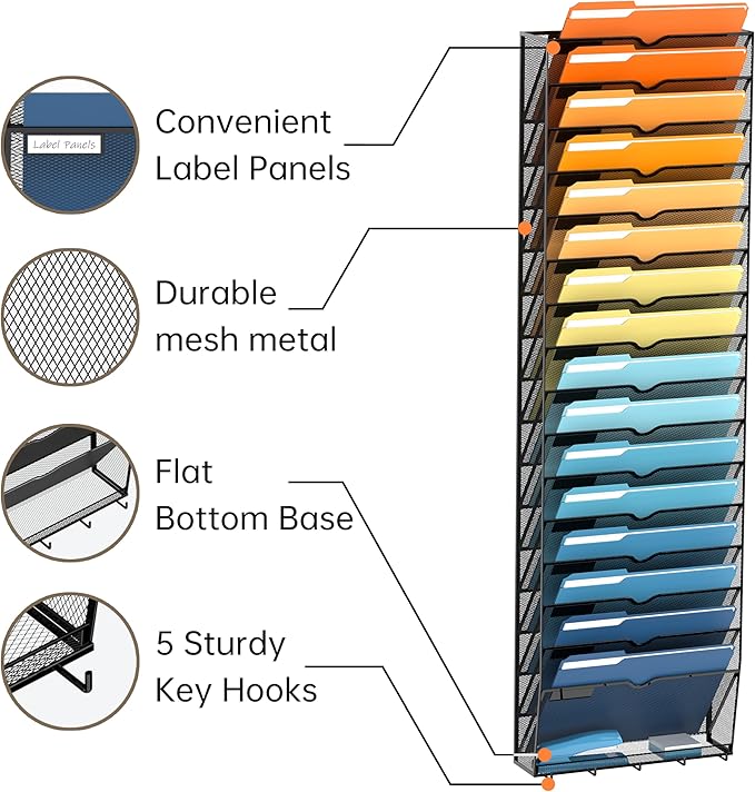 SUPEASY 17-Tier Wall File Holder Organizer with Hooks, Mesh Hanging File Organizer, Mail Organizer Wall Mounted for Papers, Folders, Office Magazine Rack, Black