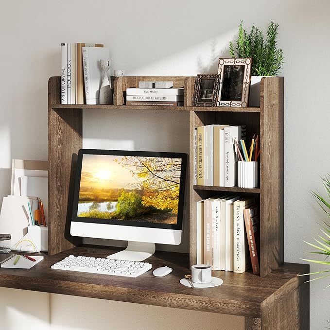 Tangkula Desktop Bookshelf, Countertop Storage Hutch with Shelves for Computer Desk, Desk 3-Tier Display Rack, Multipurpose Wood Desktop Hutch Storage Organizer for Dorm Office