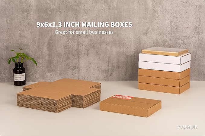 YUSHYIJIE 9x6x1.3 inch Small Shipping Boxes, Multi-Depth Flat Cardboard Boxes with Fragile Stickers for DVD Shipping, Packing, Moving, Storage, Brown, 25 Pack