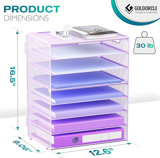 8 Tier Paper Letter Tray Organizer with Handles, Mesh Desk File Holder Storage Organization for Home School Classroom & Office (Purple)