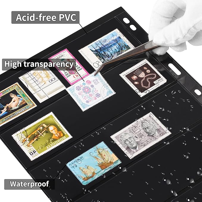 10 Sheets 20 Pages Postage Stamp Album Pages, 5 Pockets 7.7X 1.97in Stamp Collection Inserts, 9 Hole Standard Stamp Collecting Album Sleeves for Stamp Collection Binder IS010510