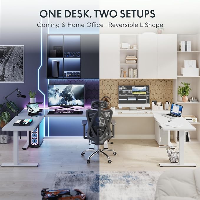 FLEXISPOT L Shaped Standing Desk, 71 x 63 Inch Electric Height Adjustable Corner Desk, Sit Stand Computer Workstation, Preset Controller, Home Office, White Frame with White Top