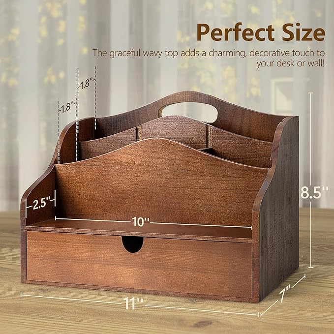 Pine Wood Mail Organizer for Desk - Rustic Mail Sorter with Drawer & Dividers - 4-Slot Mail Sorter for Letters, Files & Small Essentials - Wooden Desk Organizer for Farmhouse Home Decor (Brown)