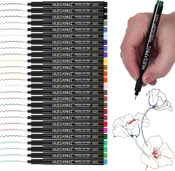 huesamhi 005 Micro Pen 23 Colors and 3 Black 0.20mm Fine Tip Waterproof Ink FineLiner Pens for Art Illustration Sketching, Anime Bullet Journal and Technical Drawing