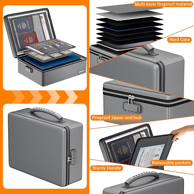 ENGPOW Fireproof Document Box, Hard Case File Box with Fireproof Zipper＆Lock, 6400°F Heat Insulated Fire and Water Resistant File Organizer Storage Safe for Important Documents Laptop Cash, Gray
