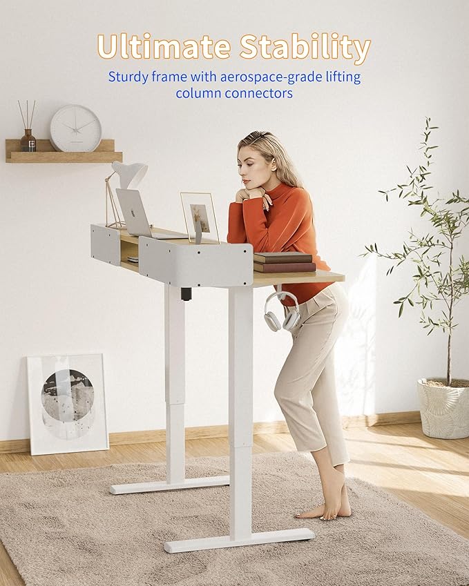 YIHAYO Electric Standing Desk with Drawers, 55 x 24 Inches Adjustable Desk with Storage Shelf, Stand Up Desk with Splice Board, Computer Table for Home Office, White Frame/Natural Top