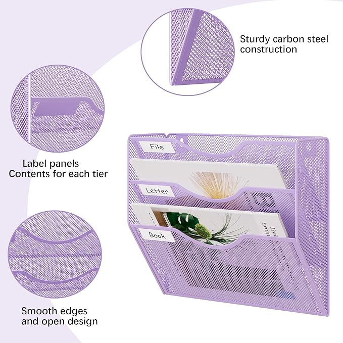 EasyPAG 3 Pocket Mesh Wall File Organizer, Hanging Paper Folder Holder with Classify Label, Vertical Wall Mount Mail Organizer for Office Home Classroom, Purple