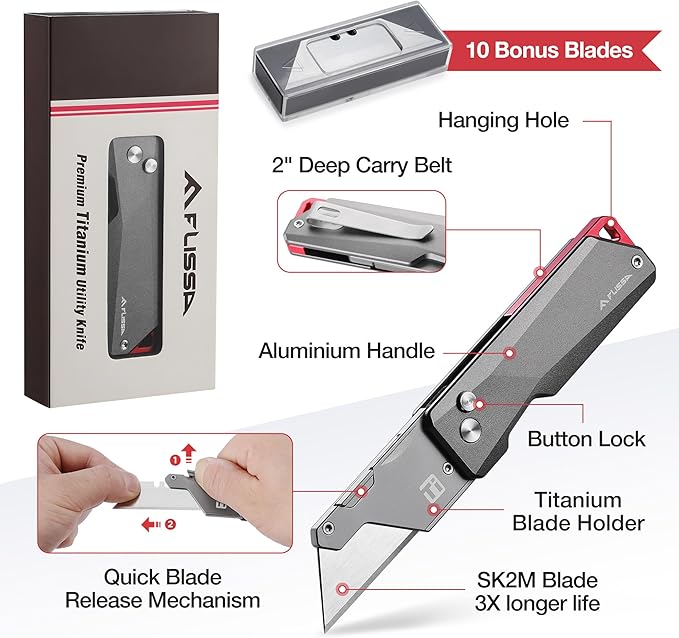 FLISSA Advanced Titanium Utility Knife, CNC Unibody, Lightweight All Metal Folding Box Cutter, Quick Change Blade Razor Knife,Ideal Gifts for Men Women, with 10 Extra Blades