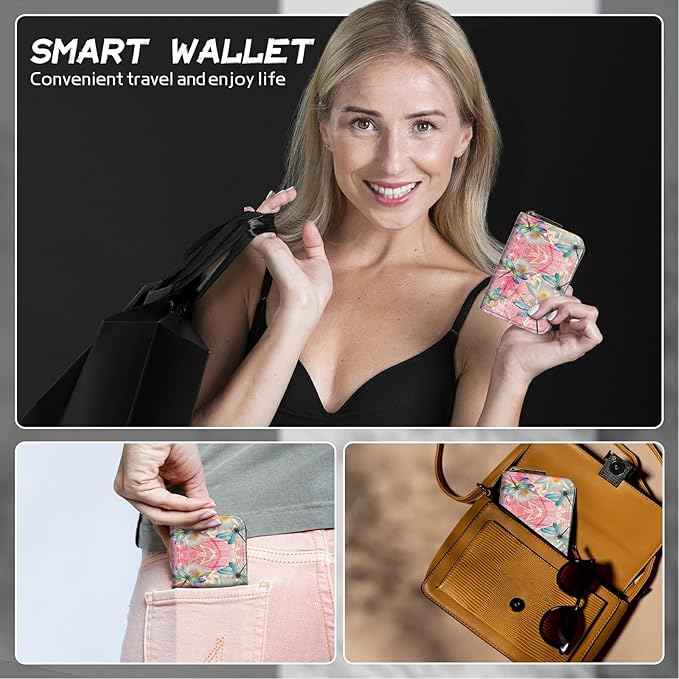 BWEGRHE Cute Credit Card Holder with Zipper, Pink Dragonfly RFID-Blocking Card Case Small Wallet for Women Men, Multi-slot Card Organizer Case Travel Accordion Wallet