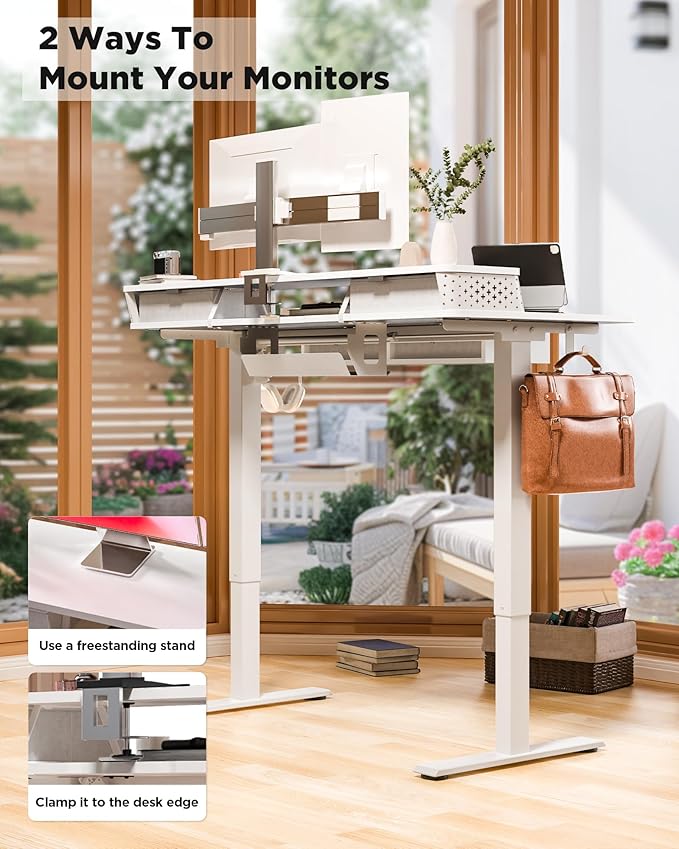 FiCiHi Electric Standing Desk with Four Drawers, Adjustable Height Sit Stand Desk, C-Clamp Compatible Home Office Desk with Storage Shelf & Monitor Stand Riser, 40 x 24 Inch, White