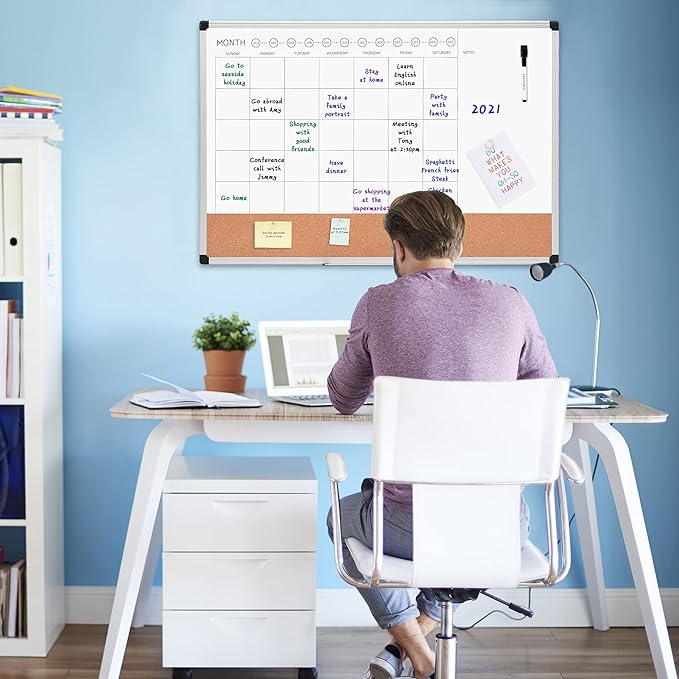 Amazon Basics 24" x 36" Monthly Whiteboard Calendar with Cork Board, Wall Mounted, Easy to Install, Silver Aluminum Frame