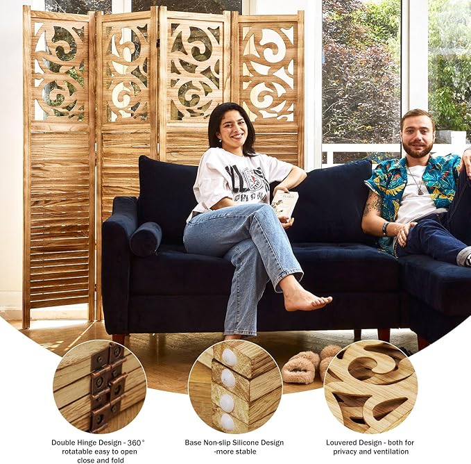 Room Divider Wood Carved Wall Divider Indoor Folding Portable Partition Screen for Home Office Garden Terrace - 4 Panel, 67 * 60inch (Wood)