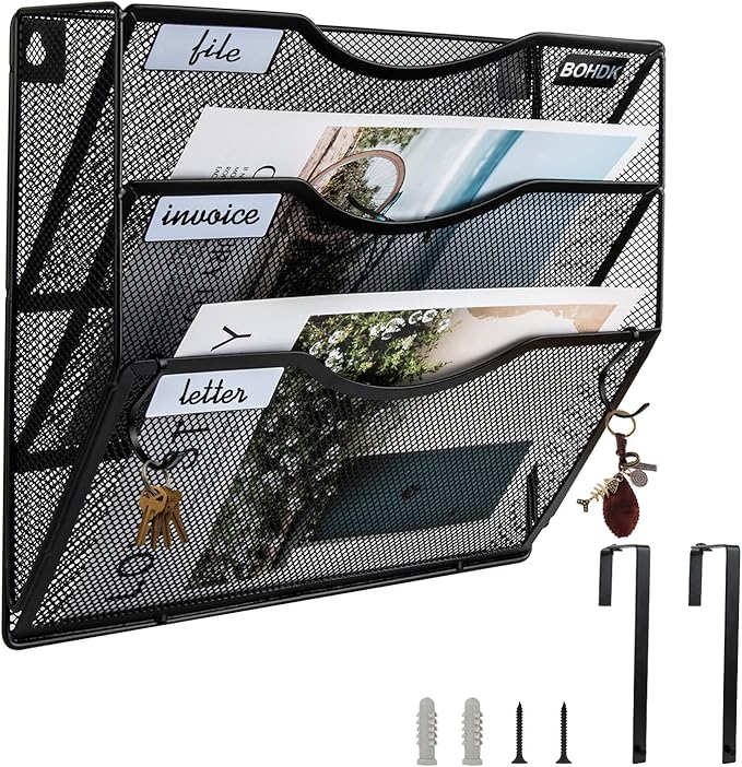 BOHDK Wall File Organizer, 3 Tire Hanging File Folder Mail Organizer, Vertical Mesh Metal Door/Wall Mount Hanging File Holder, Paper Document Magazine Rack with Hooks for Home Office Black