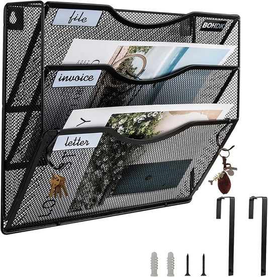 BOHDK Wall File Organizer, 3 Tire Hanging File Folder Mail Organizer, Vertical Mesh Metal Door/Wall Mount Hanging File Holder, Paper Document Magazine Rack with Hooks for Home Office Black