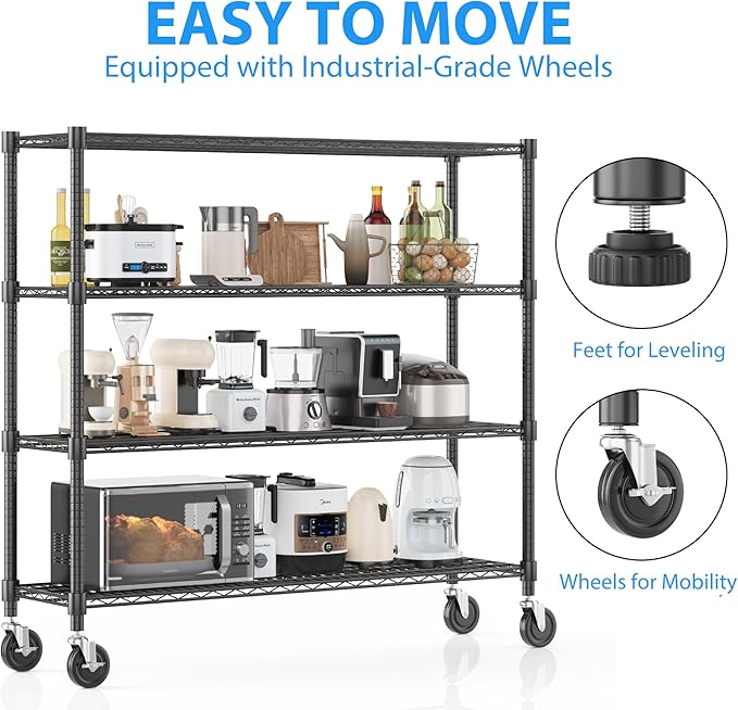 Homdox 4 Tier Heavy Duty Metal Wire Shelving with Wheels, 2400 lbs Capacity Garage Storage Rack, Rolling Industrial Storage, Adjustable Commercial Shelves for Kitchen, Warehouse, 18"x60"x72", Black