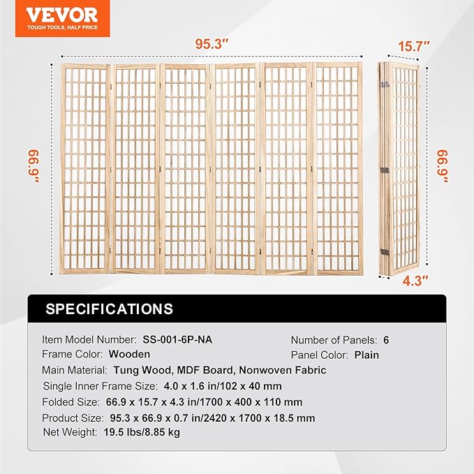 VEVOR Room Divider, 6 Panel Japanese Room Divider, Wood Folding Privacy Screen Indoor, Partition Dividers Portable Decoration Screens, for Room Separation Home Office Restaurant & Bedroom(Natural)