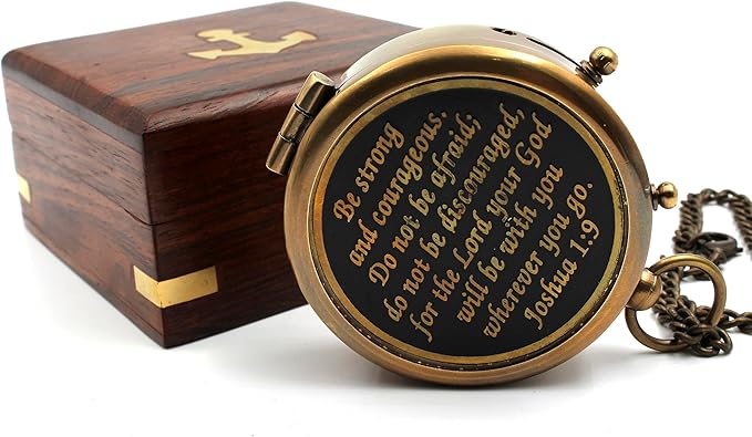 Be Strong and Courageous, Do Not Be Afraid Brass Engraved Compass with Stamped Wooden Case – Inspirational Birthday, Confirmation, and Baptism Gifts