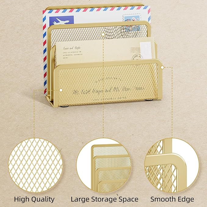 Marbrasse Mail Organizer for Desk, 3-Slot Mesh Metal Mail Holder countertop, Letter Holder, Office Desktop Envelope and Document Storage Rack (Gold)