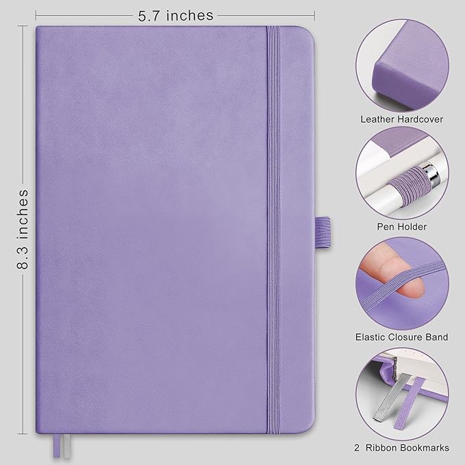 RETTACY Bullet Dotted Journal Notebook, 320 Numbered Pages, A5 Medium Size (5.7'' × 8.3''), Leather Hardcover, 100 GSM Thick Paper, for Bullet Journaling, Planning, Tracking (Purple)