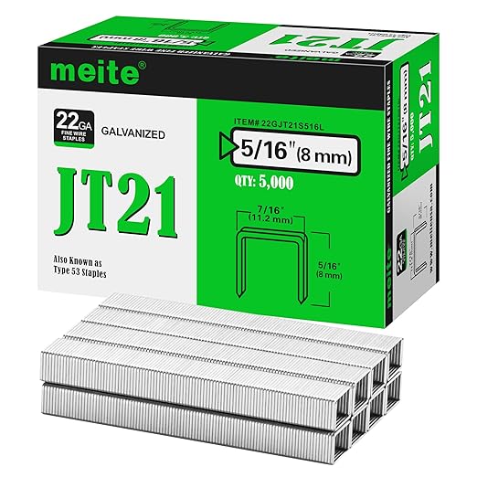 meite JT21 Staples, 5/16 Inch Galvanized Fine Wire Staples for Staple Gun - 5,000 Counts, 7/16" Crown JT21 Staple Refill, Ideal for Upholstery, Crafts, Furniture