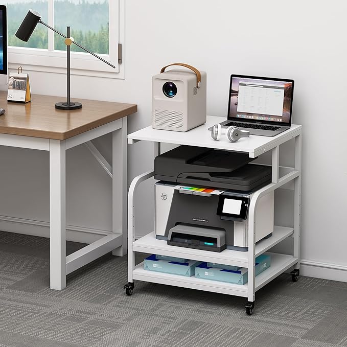 Fannova Printer Stand, 25.6" x 23.6" x 30.9" Extra Large Printer Table with Adjustable Storage Shelf, 3 Tier Rolling Printer Cart with Industrial Wheels for Home Office, White