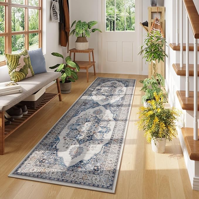Rugcomf Vintage Medallion Kitchen Rugs Non Slip Washable 2'7"x8' - Low Pile Runner Rug, Boho Carpet for Hallways, Laundry, Bedroom, Bathroom - Blue