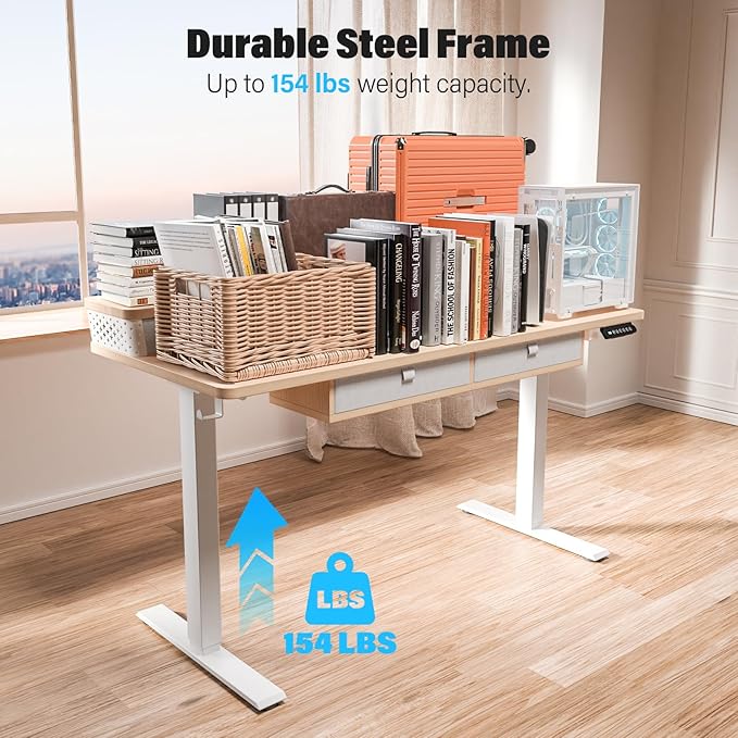 Kingant 48 x 24 Inch Electric Standing Desk with 4 Drawers, Height Adjustable Sit to Stand Computer Desk with Storage Shelf and C-Clamp Mount Compatibility for Home Office, Nature