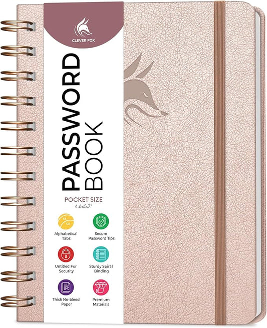 Clever Fox Password Book Spiral – Mini Internet Address & Password Organizer with Laminated Alphabetical Tabs – Small Password Keeper Journal – Hardcover, Pocket Size, 4.7x5.7” (Rose Gold)